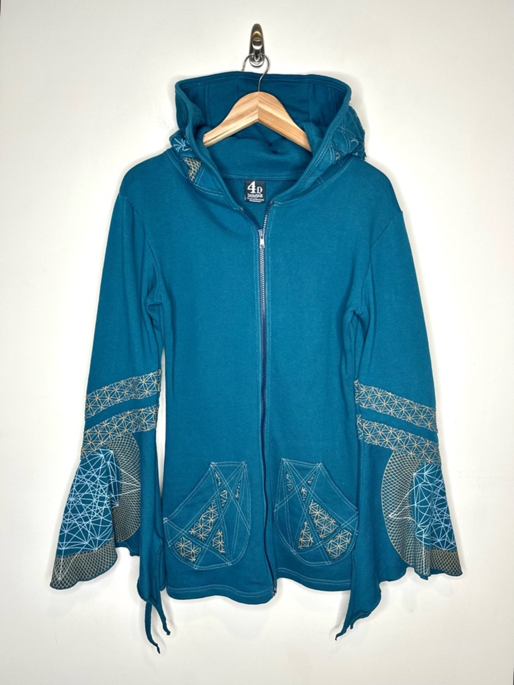 4D Designs Fourth Dimension Teal Hoodie SZ Medium Flare Sleeve Festival Fitted - Picture 6 of 15